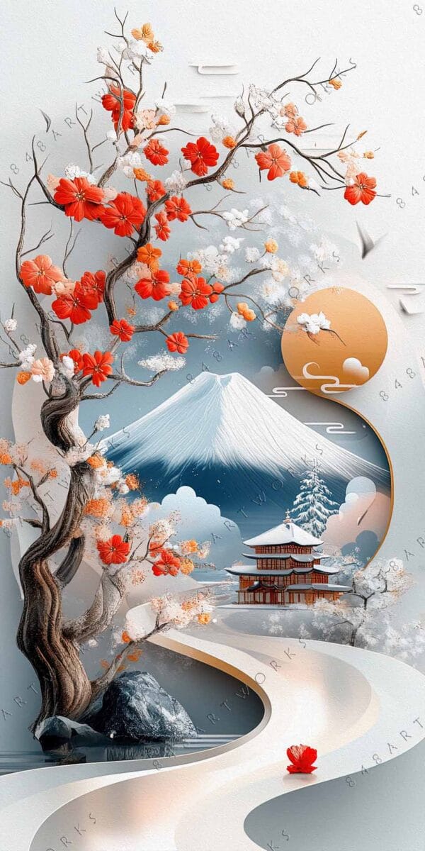 Digital painting of cherry blossoms, snow-capped mountain, and pagoda in blue and orange tones.