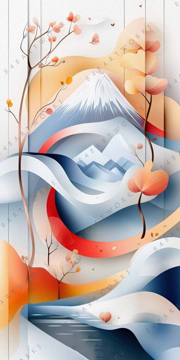 Minimalist digital art of mountains and trees in pastel orange, blue, and white tones.