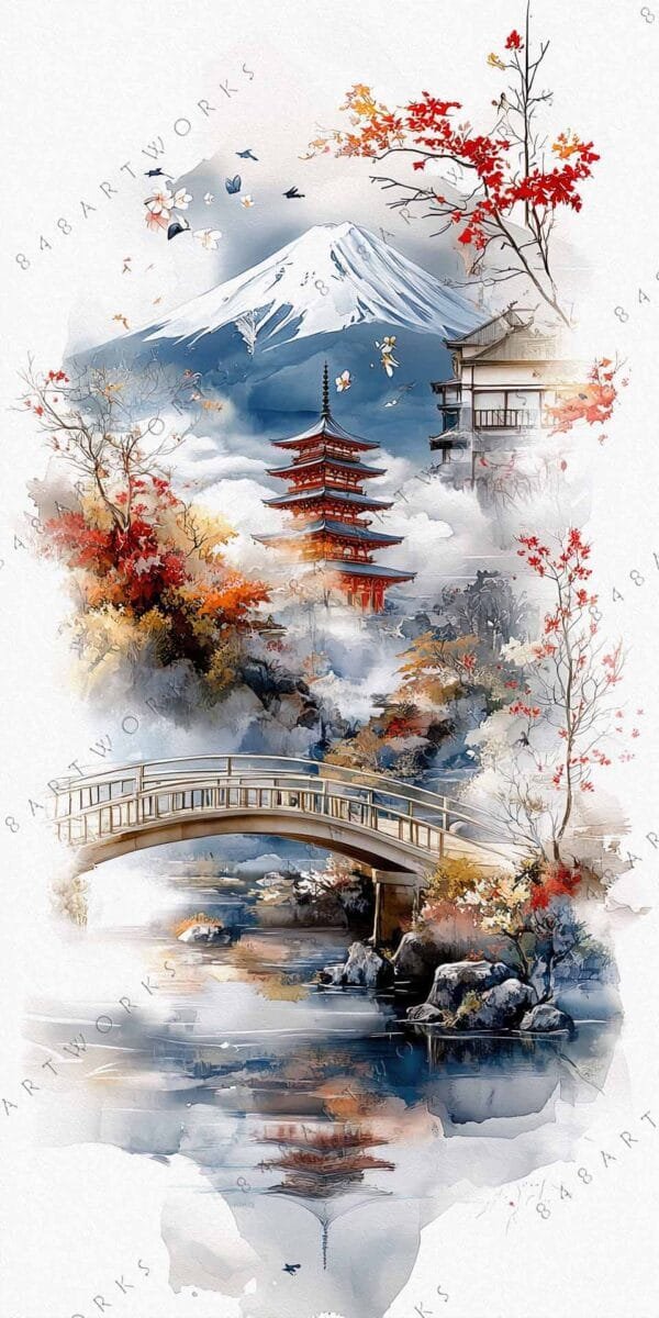 "Digital watercolor of a Japanese pagoda, red foliage, and mountains in soft hues."