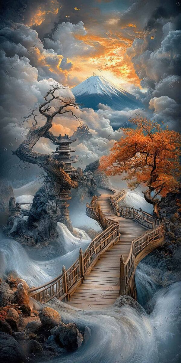 Fantasy digital painting of a winding bridge, misty clouds, and orange tree against mountains.