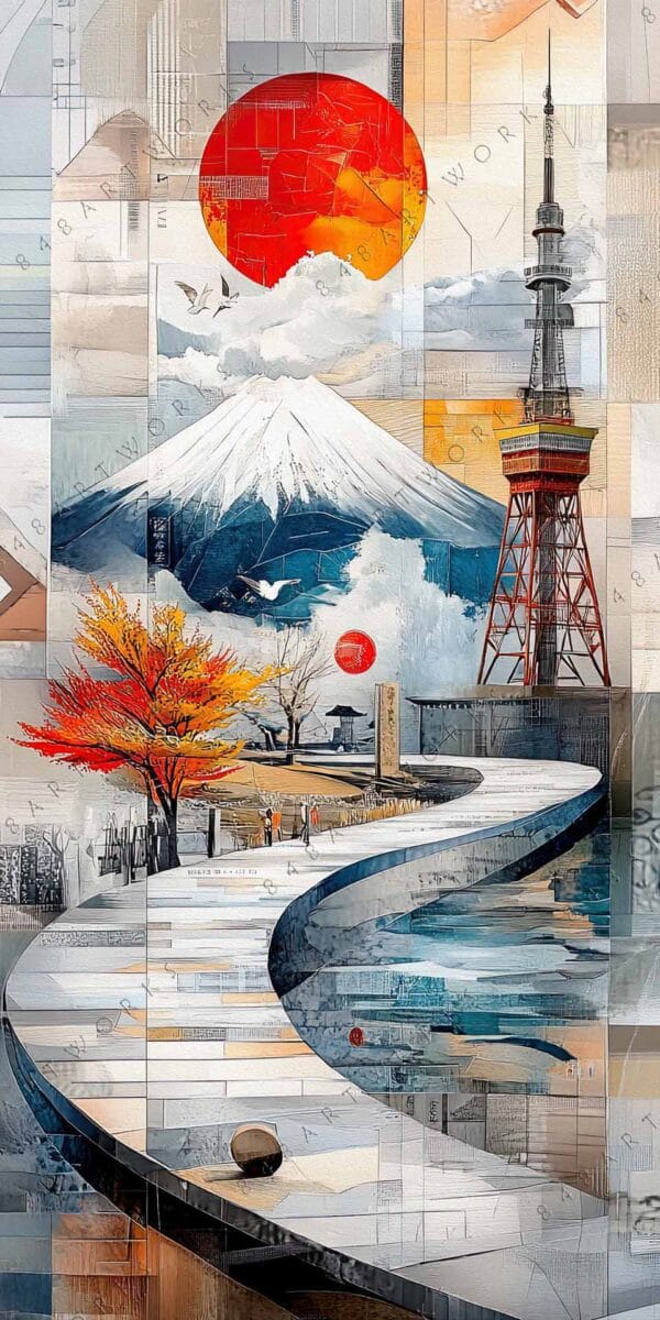 Abstract digital art featuring Mount Fuji, red sun, tower, and winding path.