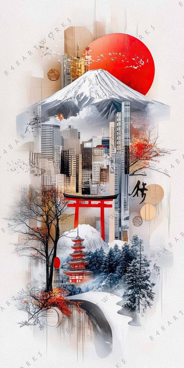 Surreal digital collage of Tokyo skyline and Mount Fuji with vibrant red accents.