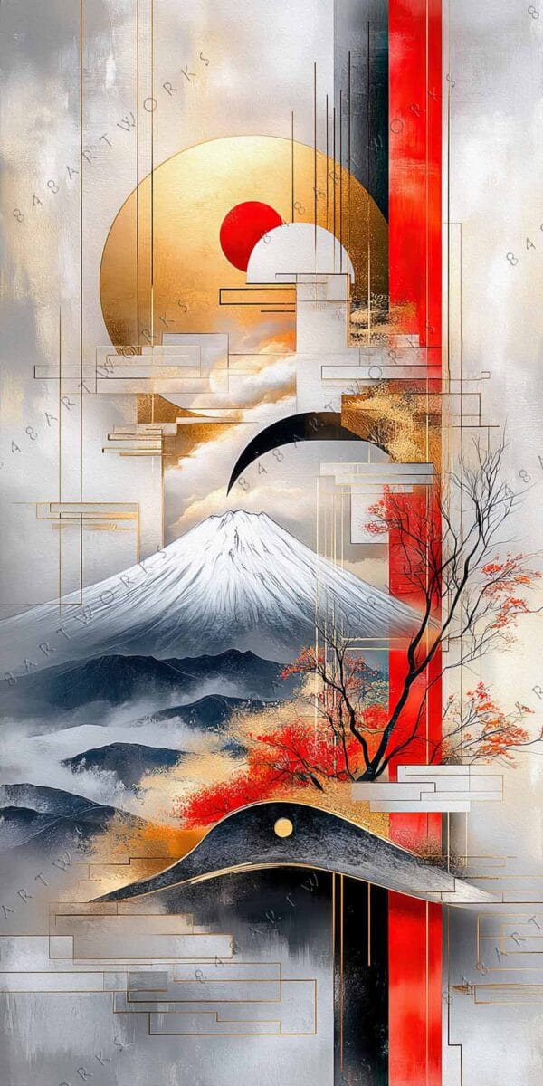 "Abstract digital art of Mount Fuji with geometric shapes, gold, red, and gray tones."