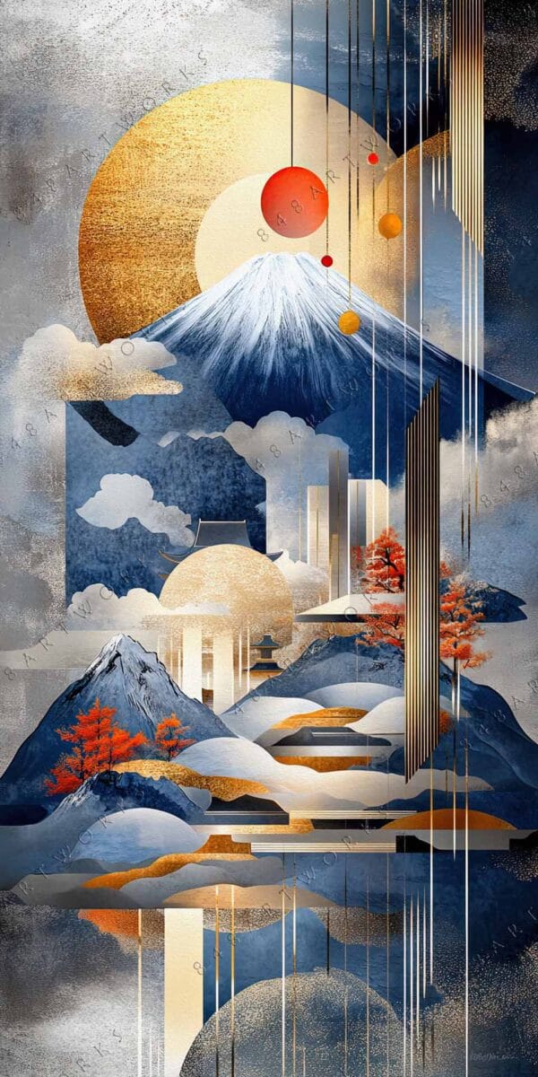 "Geometric digital art of mountains with gold and blue abstract elements."