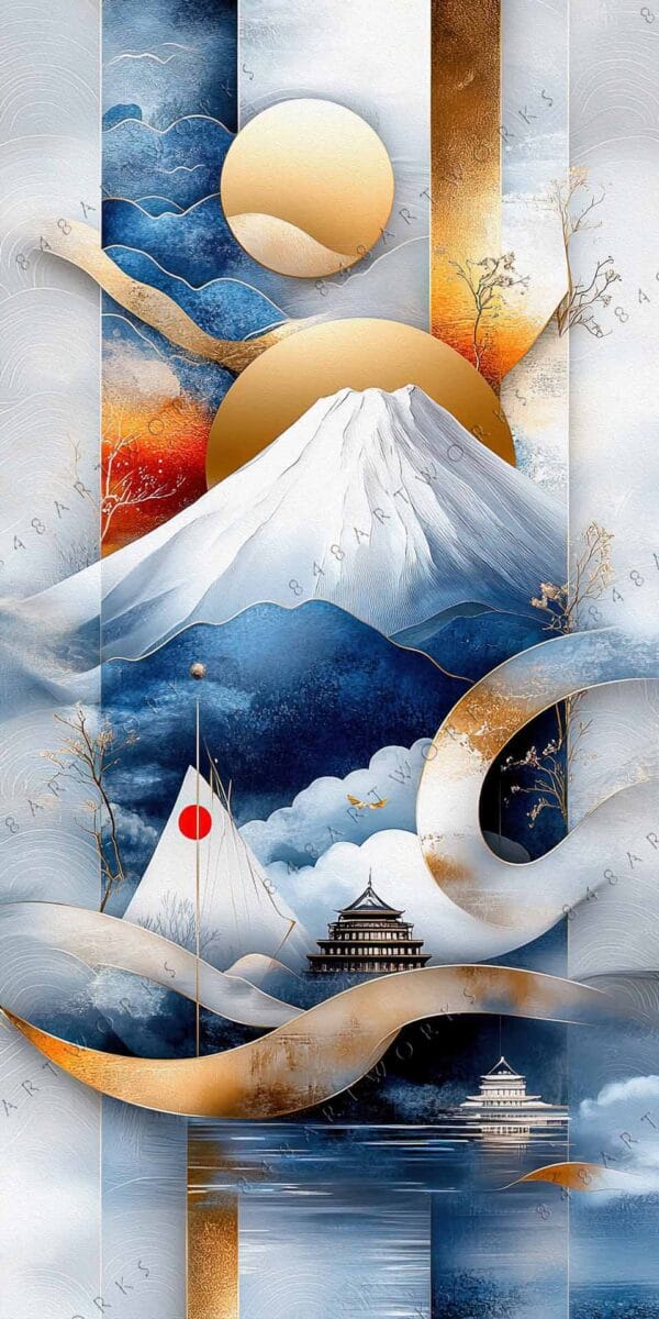 "Abstract digital art depicting mountain and temple with gold, blue, and white elements."