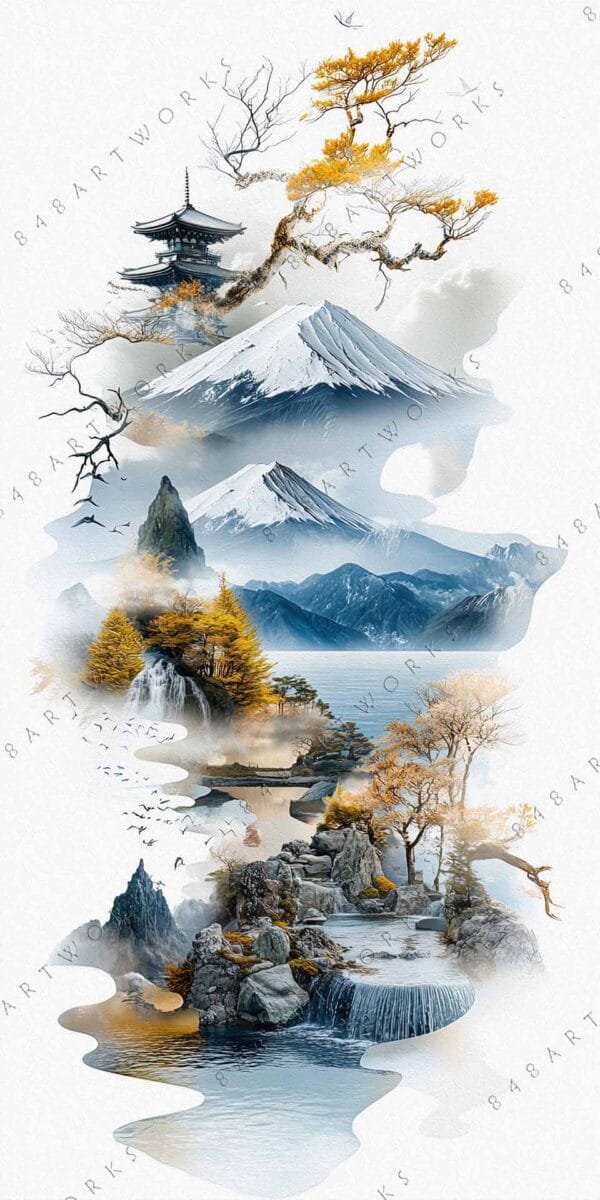 Digital painting of a serene Japanese landscape with mountains, waterfalls, and autumn trees.
