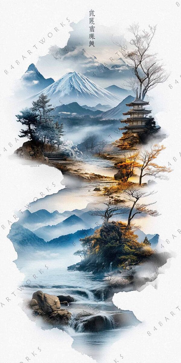 "Digital painting of tranquil mountain landscape with pagoda, muted blue and warm autumn tones."