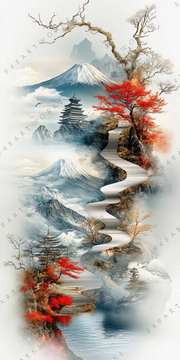 "Digital painting of a winding path with mountains, pagodas, and red-leaved trees."