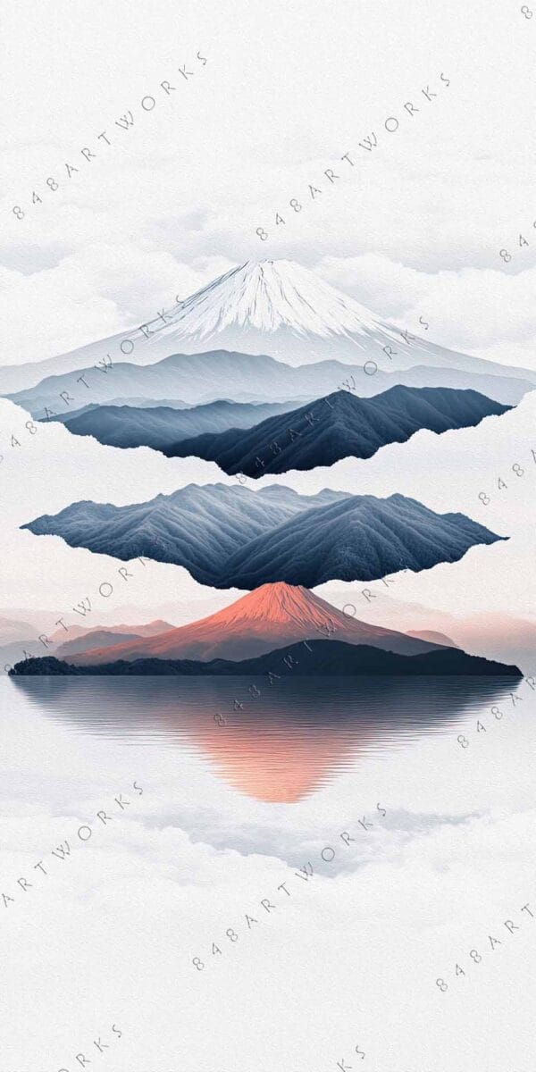 Digital artwork depicting layered mountain ranges in blue and orange tones, with reflections.
