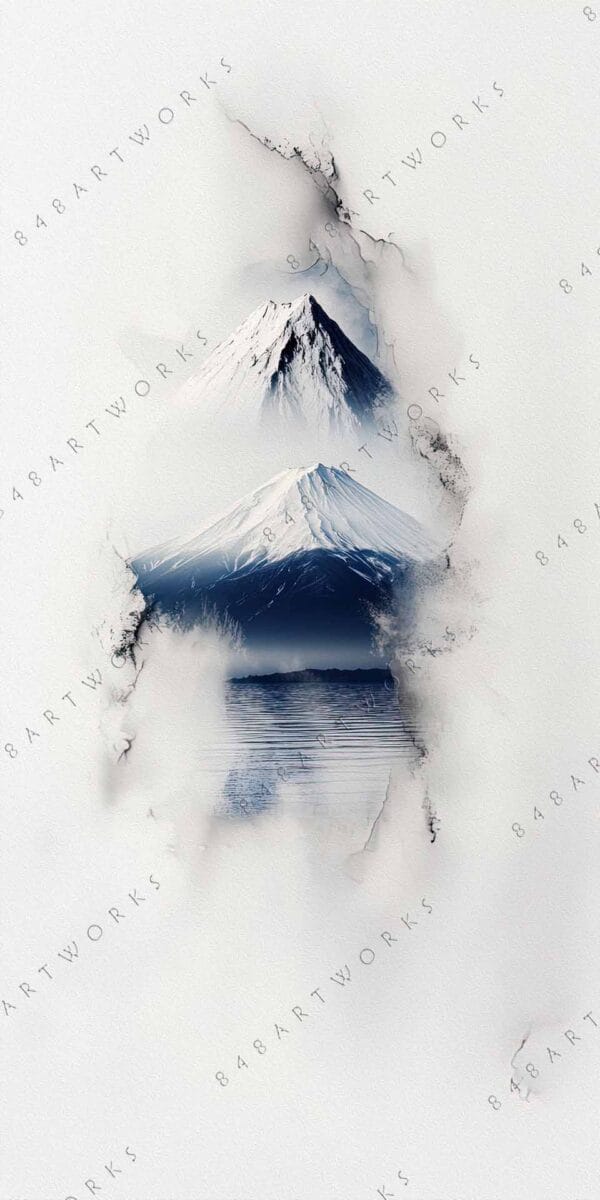 Minimalist digital art of Mount Fuji reflected on water, using grayscale tones.
