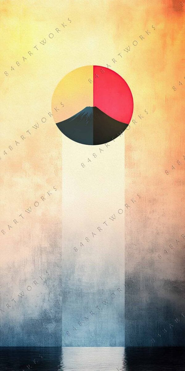 "Minimalist digital art of a sun over mountains, red and yellow tones, reflective water."