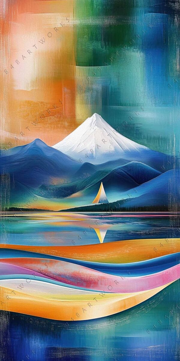Abstract digital painting of a mountain with vibrant orange, green, and blue layers.