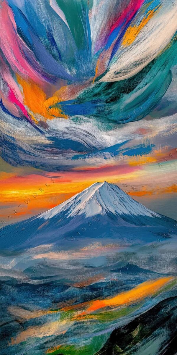 "Vivid abstract painting of a snow-capped mountain beneath colorful swirling skies."