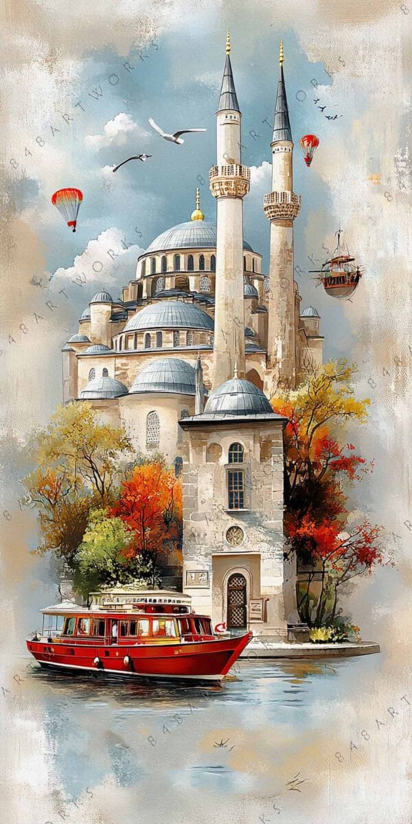 Digital painting of a mosque with minarets, hot air balloons, and a red boat.