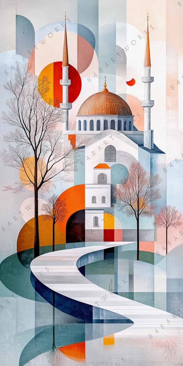 "Colorful geometric digital art of a mosque with abstract trees and a winding path."
