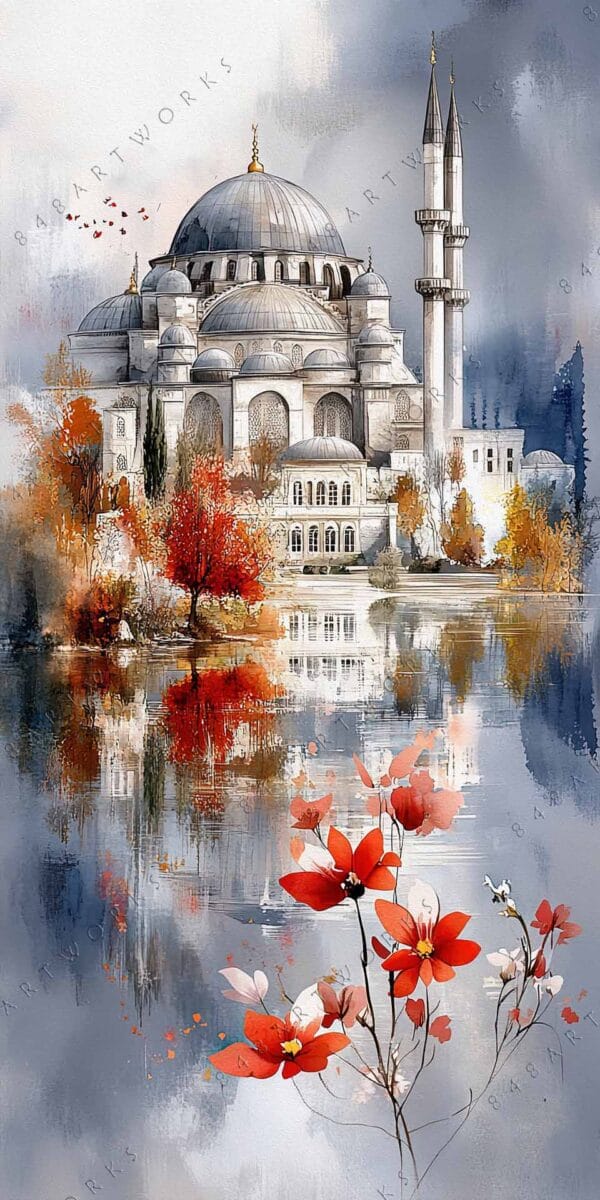 Watercolor painting of a domed mosque with autumn trees reflected in a serene lake.