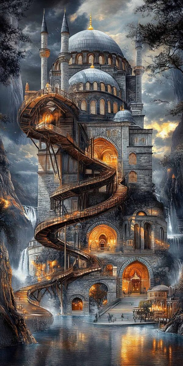 Fantasy digital artwork of a majestic castle with domes and spiraling wooden staircases.
