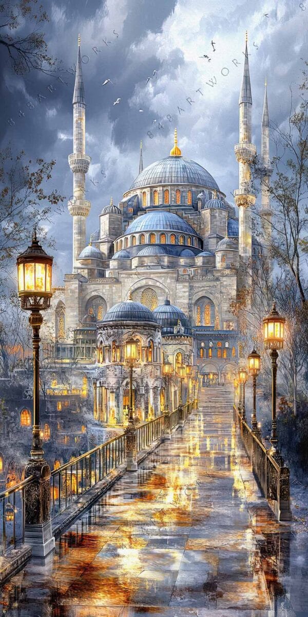 Digital painting of a grand mosque with minarets, featuring blue and golden tones.