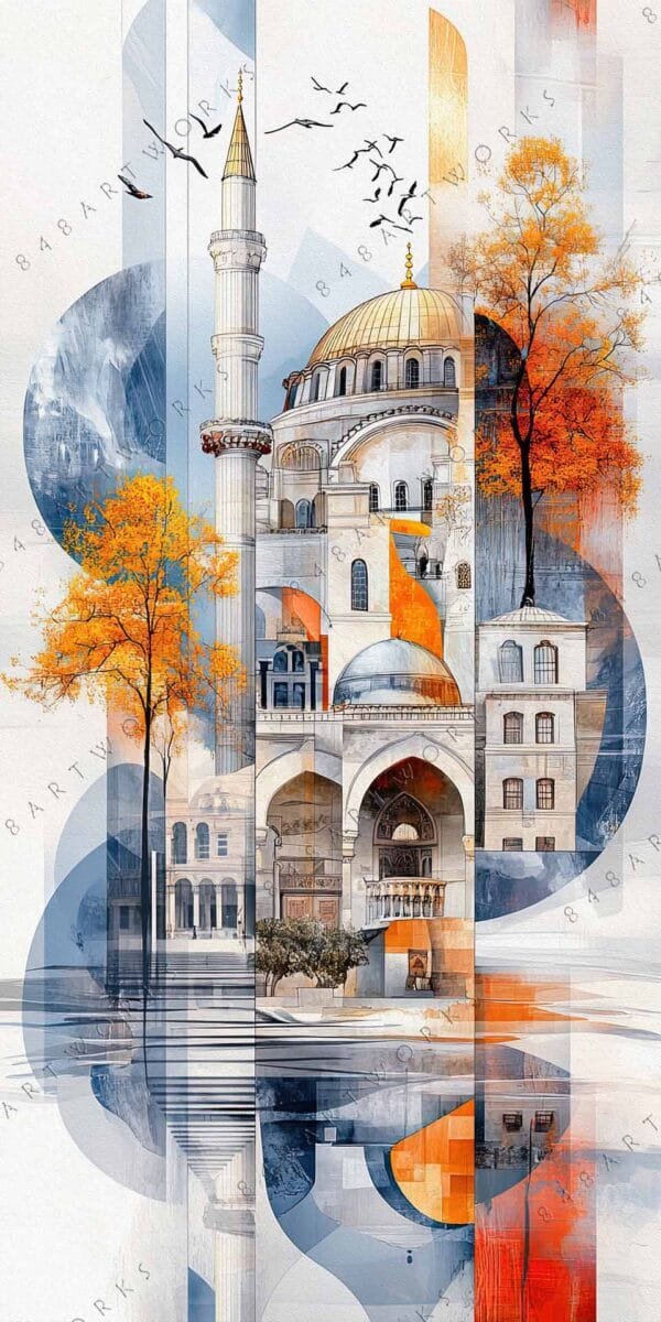 Digital art collage of mosque architecture with orange trees and geometric shapes.