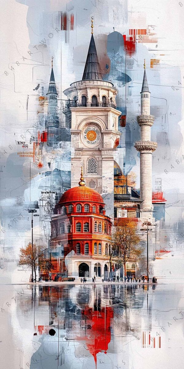 "Impressionistic digital painting of a mosque with a domed roof and tall minaret."