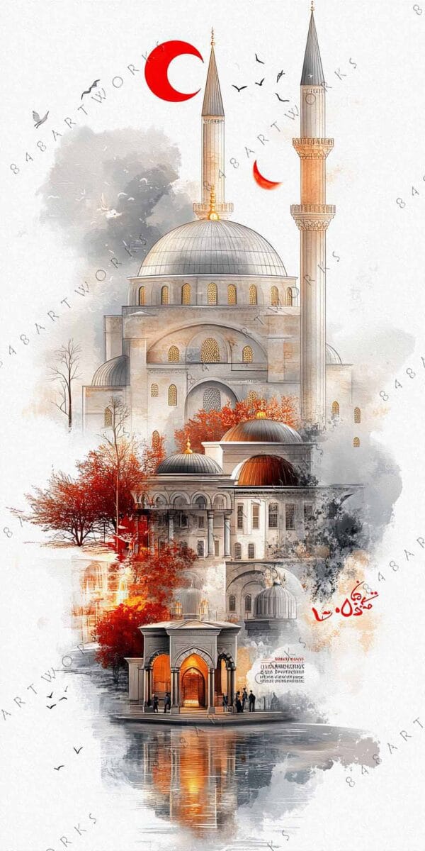 "Digital artwork of a mosque with minarets, red trees, and crescent moons in muted colors."