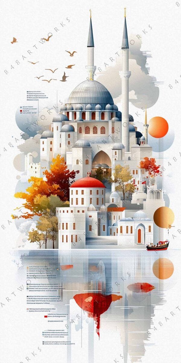 Digital illustration of a mosque with domes and minarets, surrounded by autumn trees.