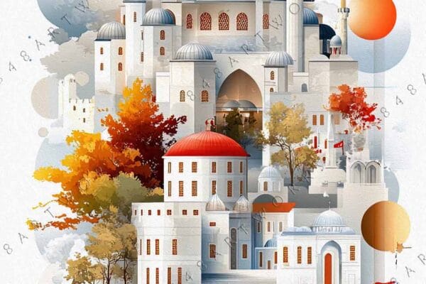 Digital illustration of a mosque with domes and minarets, surrounded by autumn trees.