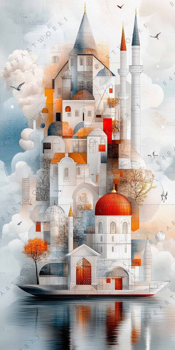 Futuristic architectural digital art in orange, blue, and white with floating structures.