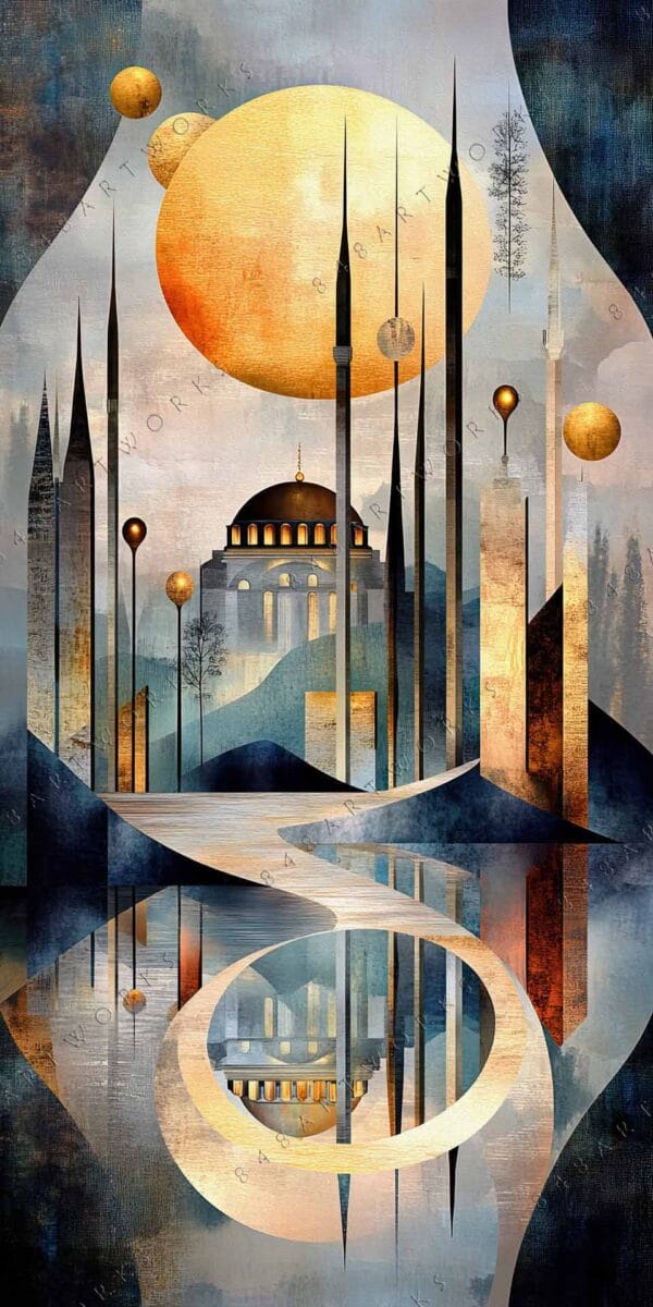 "Abstract digital art with geometric shapes, golden spheres, and a central domed structure."