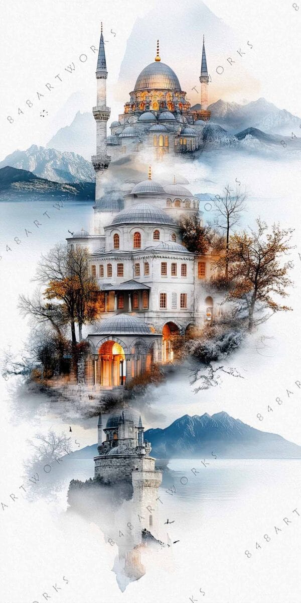 Digital artwork of a mosque and tower amidst mountains and trees in misty blue tones.