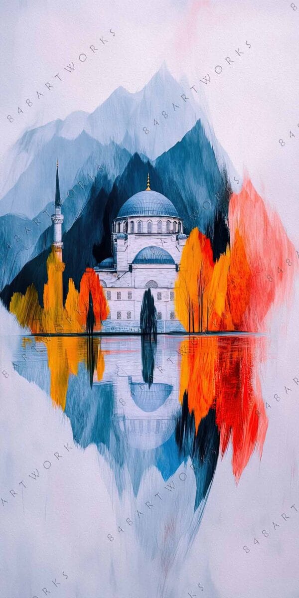 "Digital painting of a mosque with colorful trees and mountains reflected in water."