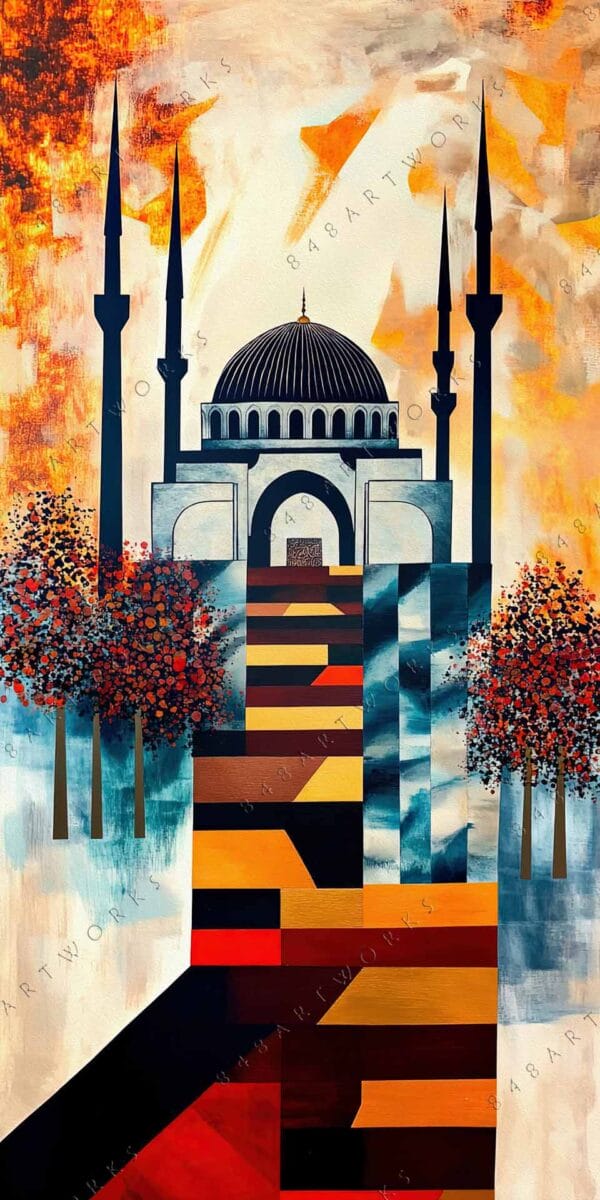 "Abstract painting of a mosque silhouette with vibrant geometric patterns and fall colors."
