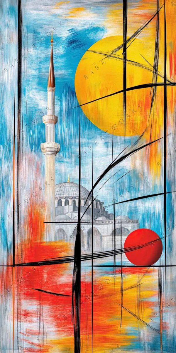 "Abstract digital painting featuring a mosque with vibrant orange, blue, and yellow geometric elements."
