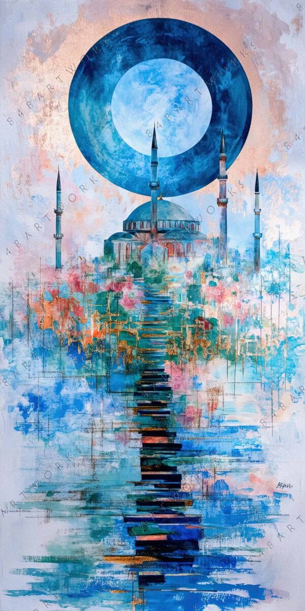 "Abstract painting of a mosque under a large blue circle with vibrant pastel hues."