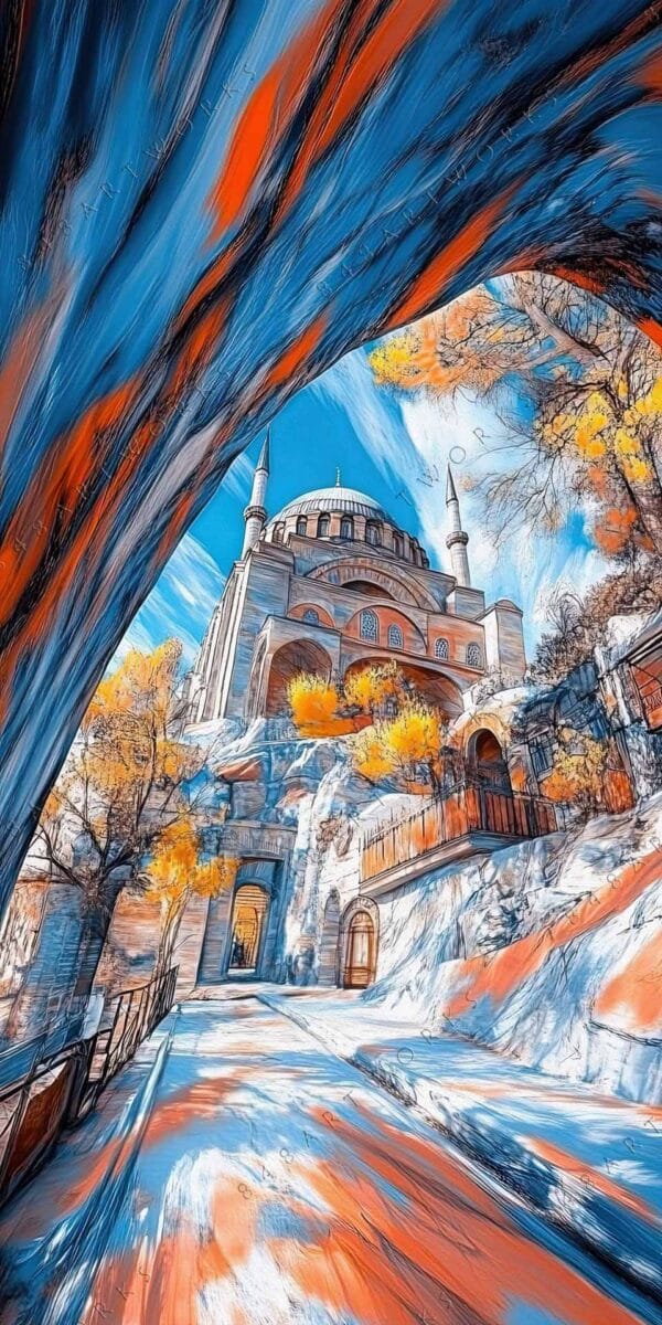 Colorful digital painting of a mosque with autumn trees, in vibrant blue and orange tones.