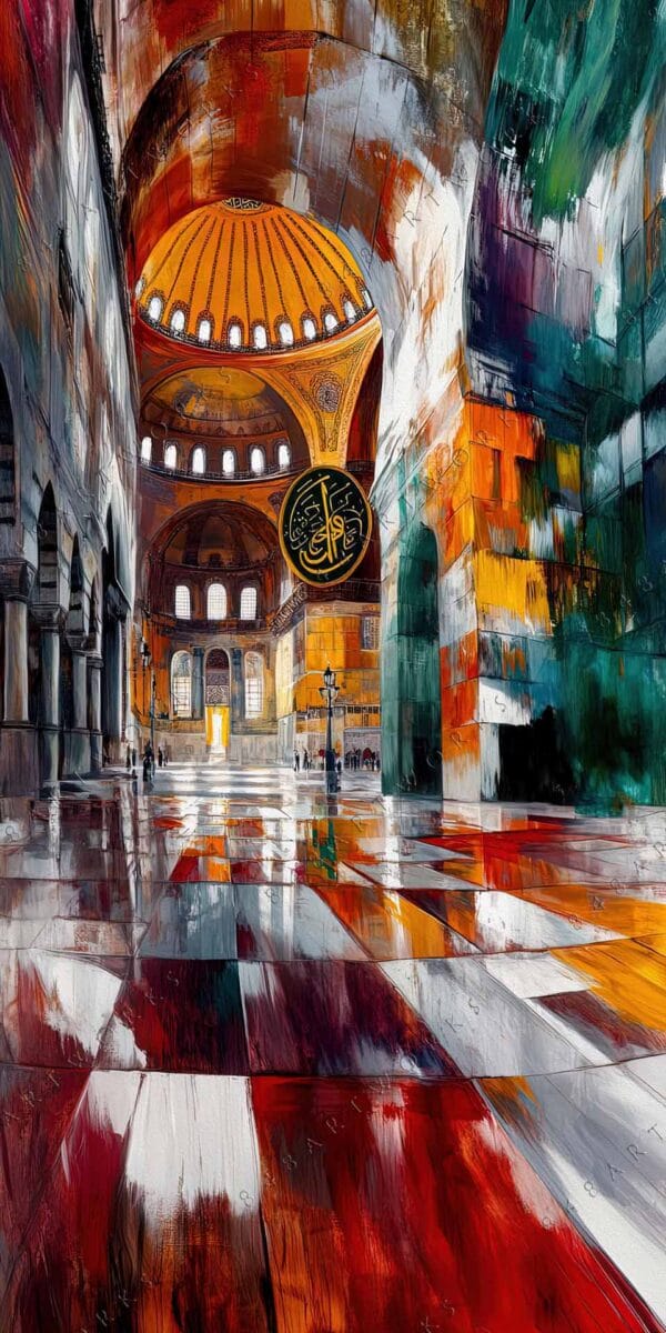 Abstract digital painting of an ornate interior with vibrant red, orange, and green tones.