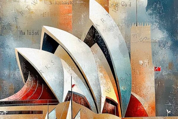 Abstract digital painting of iconic architecture and sailboat in earthy and blue tones.