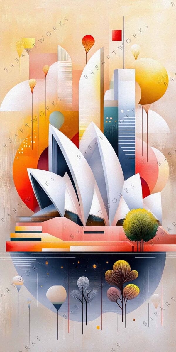 "Geometric digital artwork of abstract cityscape with warm tones and stylized trees."