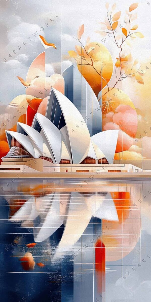 Abstract digital art of a modern architectural structure in orange, white, and blue hues.