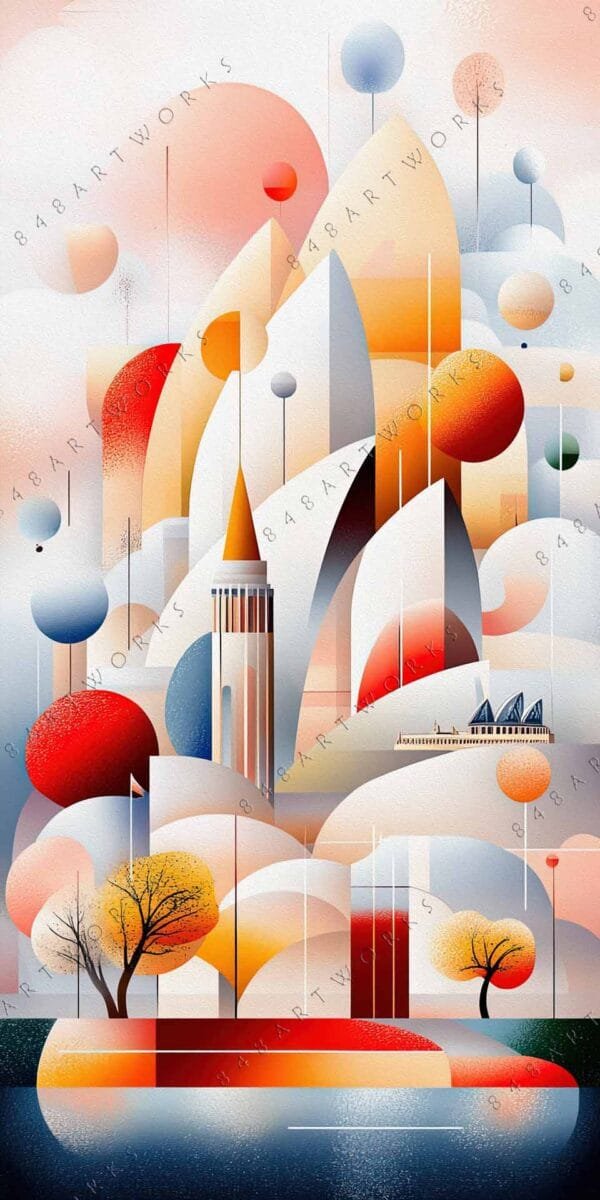 "Geometric digital art of stylized cityscape with vibrant orange, red, and blue circles."