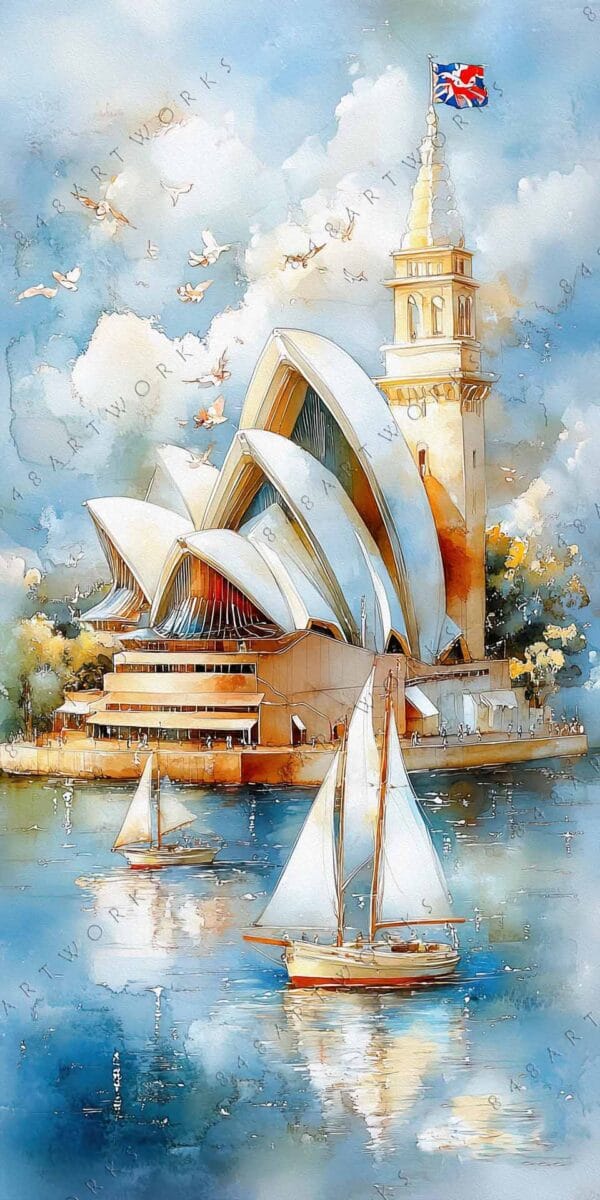 Watercolor painting of Sydney Opera House with boats and seagulls in soft blue hues.