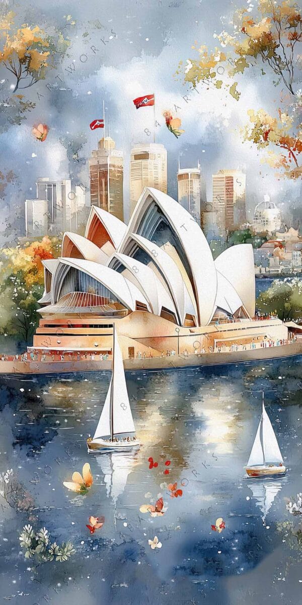 "Colorful watercolor painting of Sydney Opera House with boats and butterflies on water."