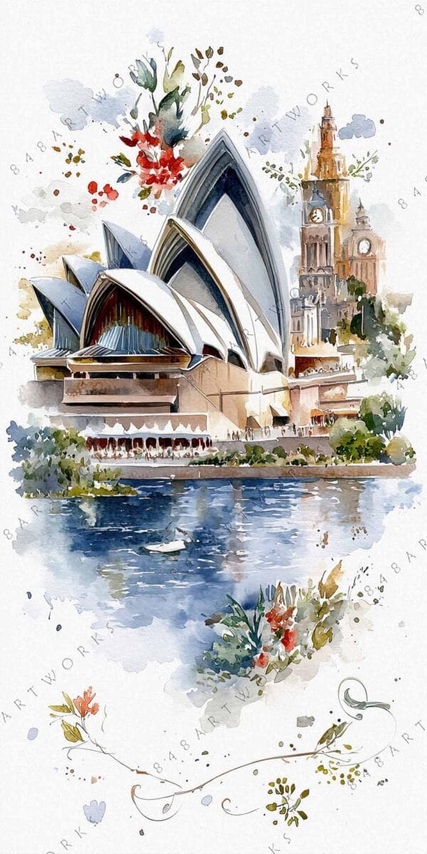 "Watercolor painting of a landmark with floral accents in soft earthy tones."
