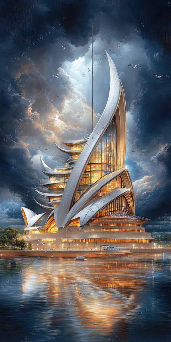 Futuristic digital artwork featuring an illuminated skyscraper with sweeping curves under stormy skies.