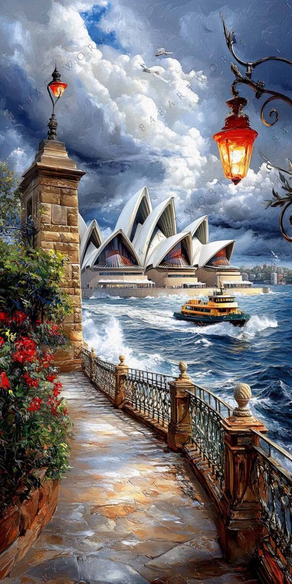 "Impressionist painting of Sydney Opera House with stormy skies and a passing ferry."
