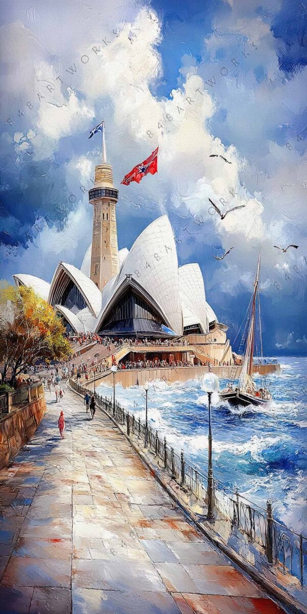"Impressionist painting of an iconic opera house by the sea with blue sky."