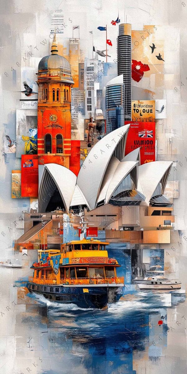 Collage-style digital art of Sydney skyline with opera house and yellow ferry.