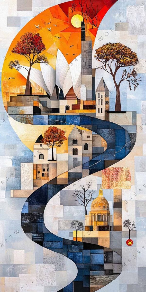 "Abstract digital art of a cityscape with warm orange, blue, and gray geometric shapes."