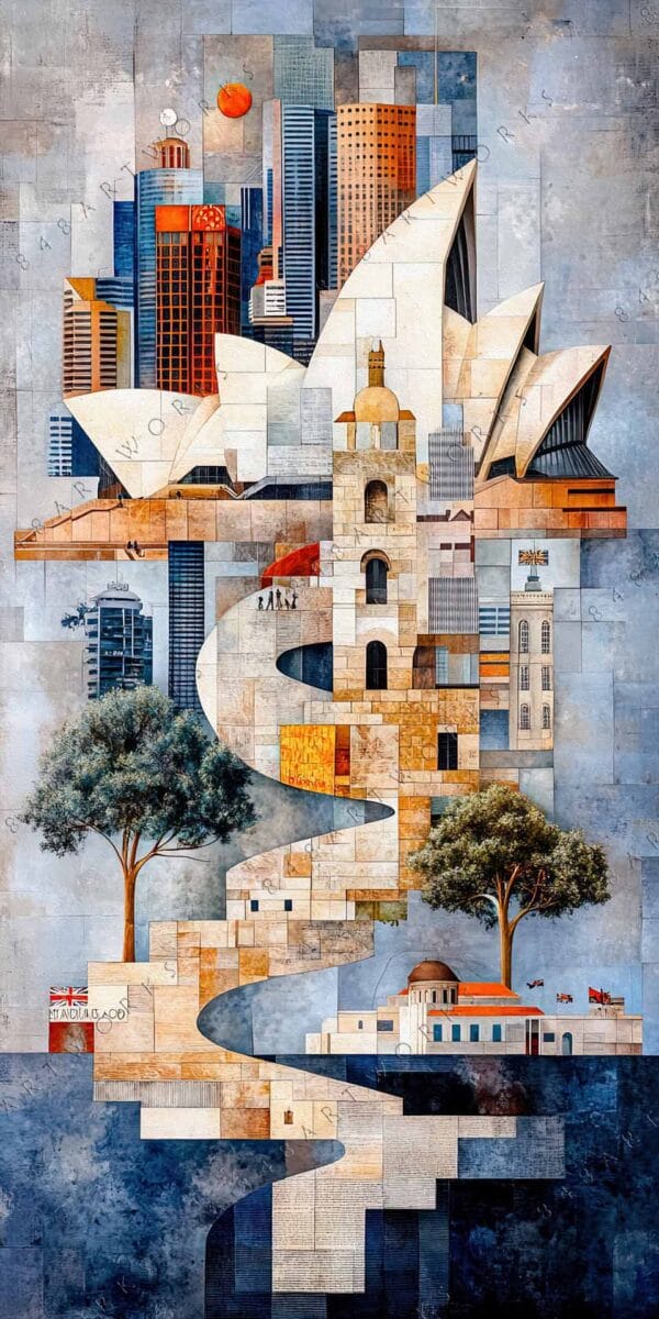 "Geometric digital art of iconic buildings and trees in cool blue and warm earth tones."