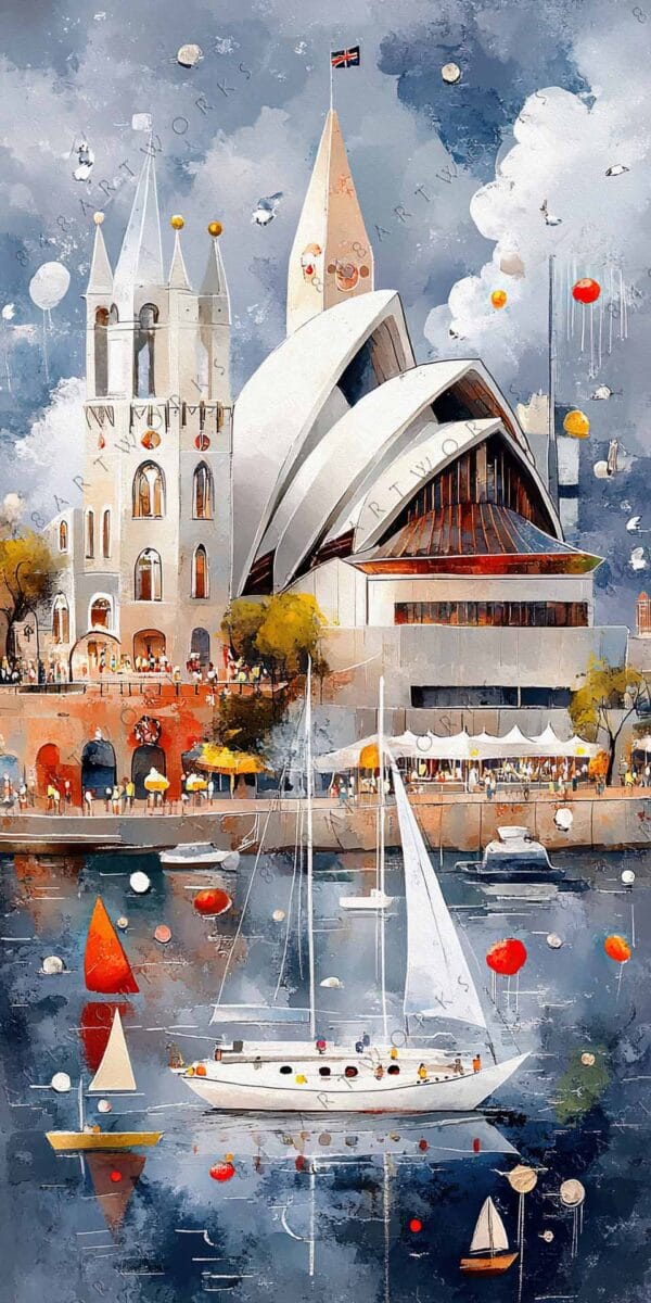 "Whimsical digital painting of iconic architecture with sailboats and balloons in pastel colors."